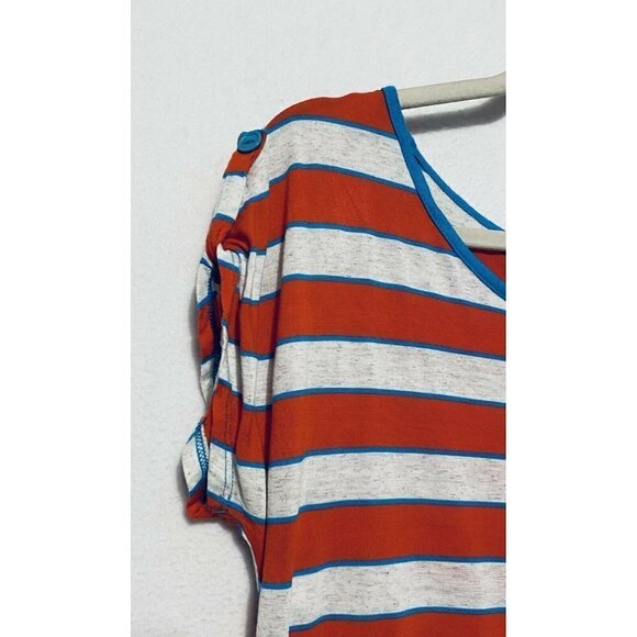 Pleione Womens Striped Top Button Back Closure Orange Scoop Neck Boho Large - Picture 2 of 8